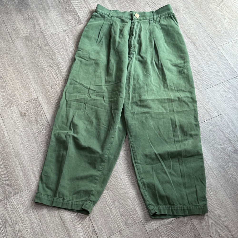 Big Bud Press Moss Green Pleated Trousers Petite Small High Waist Cotton Twill